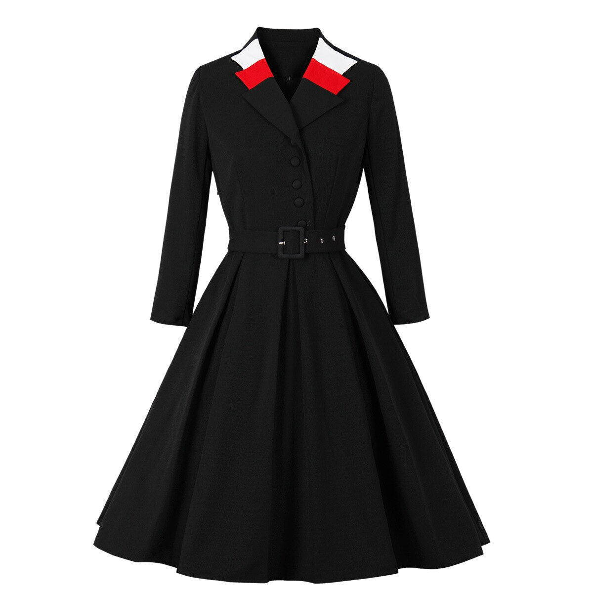 1950s Elegant Winter Black Red White Patchwork Robe Blazer Long Sleeve Office Wear Women Dresses