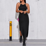 2021 Women Summer Halter Backless Sexy Bodycon Dress Solid Black Sleeveless Strapless Holiday Party Beach Long Dress Streetwear