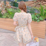 Kawaii Floral Short Jumpsuit Women Summer 2021 Lace Print  Casual Elegant Jumpsuit Puff Sleeve Korean Fashion Bohemian Clothes