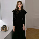 Winter Women Solid Knee-Length Knit Sweater Dress Ruffled Sleeves Slim Dress Elegant Ladies Party Dress