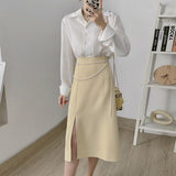 Spring Women High Waist Pearl decoration Bodycon Casual Solid Split Hem Elegant Skirts