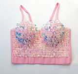 Sexy Beads Sequins Women Crop Tops Camis Cropped in Bra Party Spaghetti Strap Corset With Cups Push Up Bustier