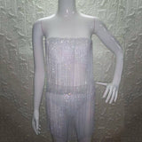 Diamonds Tassel Patchwork 2 Piece Set Women Sexy Bandeau Crop Tops Vest High Waist Panty Matching Suits Night Clubwear Outfits