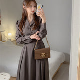 Spring Women Notched Collar Dress Puff Sleeve High Waist Female Midi Dress Elegant A-Line Vestidos