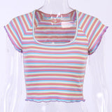 Knitted Rainbow Striped Women Tshirt Summer Short Sleeve Skinny Casual Tees Tops