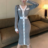 New Women Spring Autumn Dresses Elegant Lady Vintage Knitting Fashionable Buttons Checkered Long Dresses