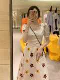 2021 Vintage Embroidery Sun Floral  Midi Dress Women Elegant  Puff Sleeve O Neck Clothes  New