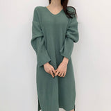 V Neck Long Sleeve Casual Sweater Dress Warm Fall Winter Solid Elegant Loose Knitted Midi Dress