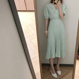 Summer Women Elegant Waist Belt Solid Ankle-Length Dress Office Lady Puff Sleeve Pleated Dress 2021 Fashion