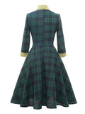Elegant Women Bow Neck Green Plaid 50s Vintage Spring 3/4 Length Sleeve A-Line Midi Dress