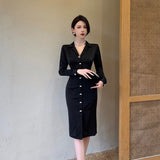 Women Notched Collar Bodycon Female Pencil Dress OL Style Mid-Length Dress Slim Waist Vestidos