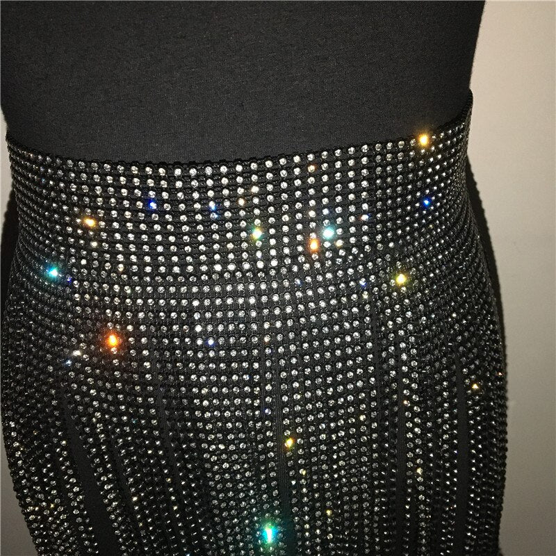 Shiny Rhinestones Tassel Patchwork Women Sexy Diamonds Mini Club Festival Disco Electric Syllable Skirt