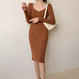 Women Long Sleeve Autumn Knee-Length Dress Sexy Basic Ribbed Knitting Sweater Dress Square Collar Winter Bodycon Dresses