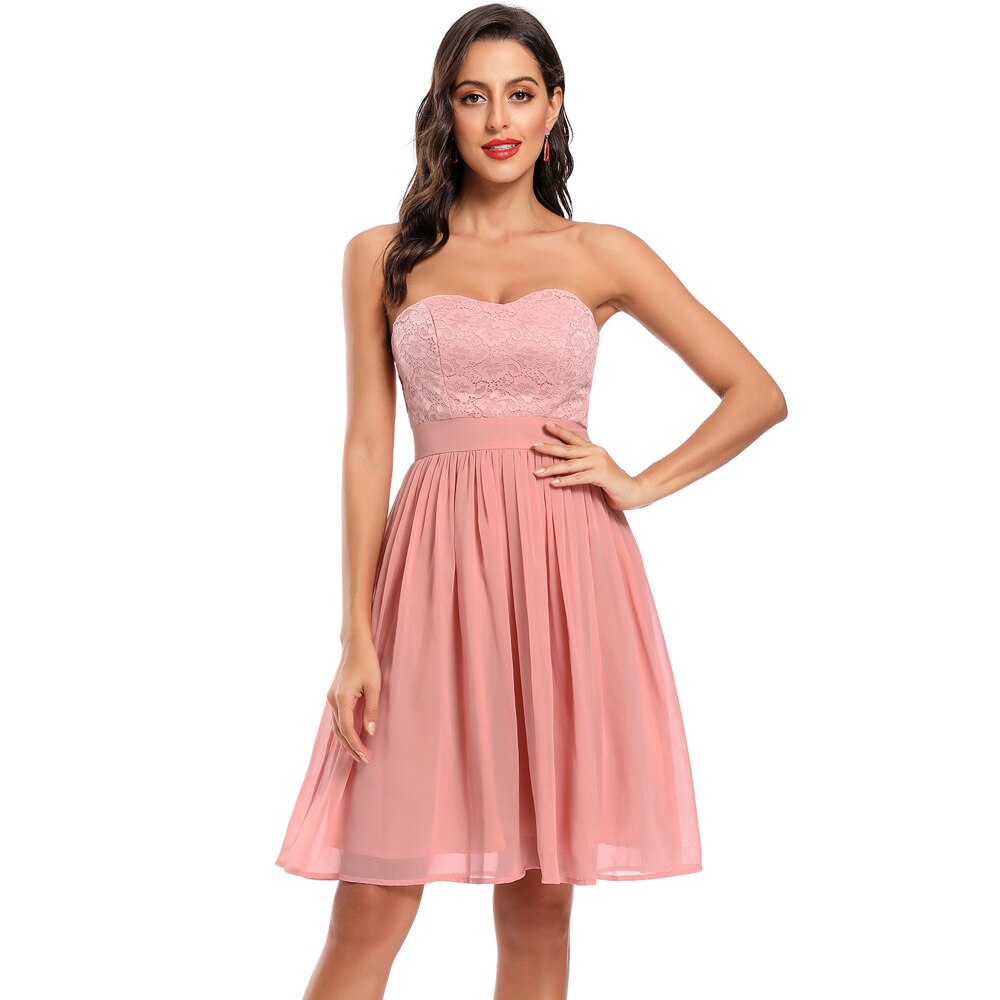 Short Pink Formal Strapless Off Shoulder High Waist Lace Chiffon Knee Length Evening Party Dress