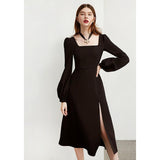 Black Retro Split Dress Women Elegant Midi Designer Dress Female Long Sleeve Hepburn Style Chiffon Vintage Dress