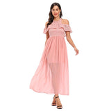 Halter Elegant Ruffle Cold Shoulder Party Robe Women Maxi Lace and Chiffon Fit and Flare Pleated Dress