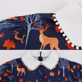 Blue Vintage Summer Short Sleeve Peter Pan Collar Tree Leaf Animal Print Robe Pin Up Swing Casual Dresses