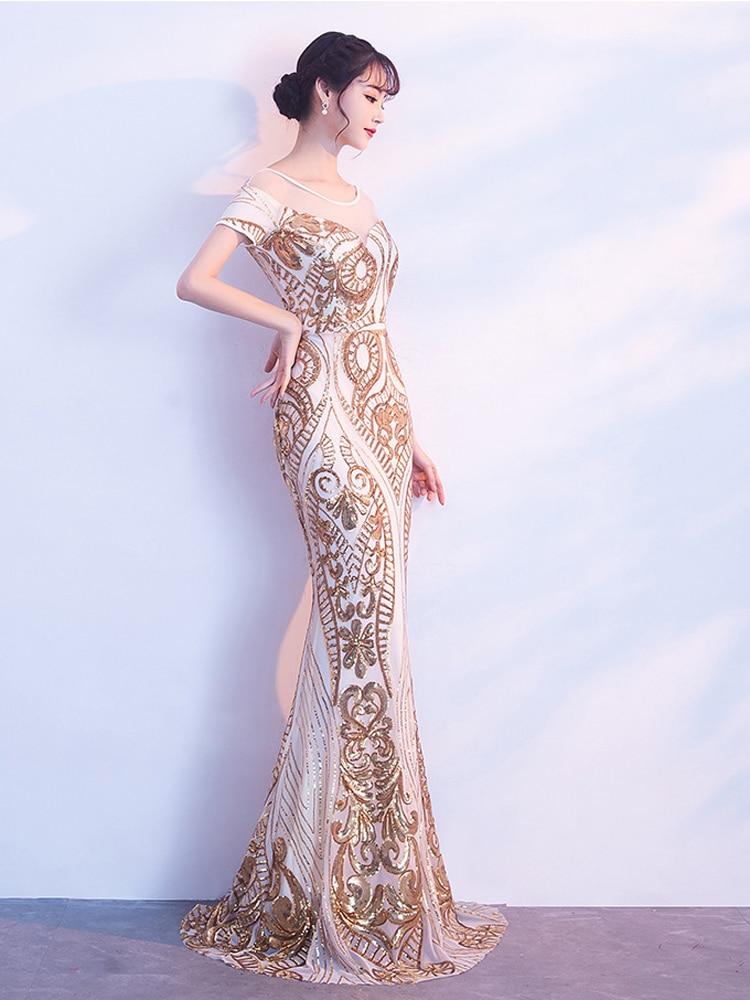 Short-sleeve O-neck Backless Floor-length Evening Dress Sequins Tulle Formal Women Gold Long Gowns Elegant Robe De Soriee