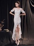 New Women Party Dress Elegant Short Fornt Long Back White Sequin Evening Dress