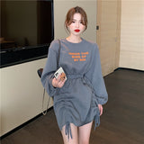 Autumn Women Fashion Fleece Thicken Hoodies Mini Dress Female Long Sleeve Letters Drawstring Clothes