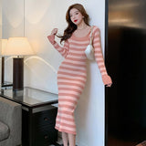 Vintage Striped Ladies Midi Dress Autumn Elegant Women Stretched Knitted Dress Full Sleeve Female Sweater Bodycon Vestidos