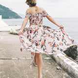 2021 Summer Bohemian Beach Dress Women Casual Elegant Two-Piece Suit Chiffon Sexy Slash Neck Tops Floral Print Split Long Dress