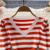 Striped Sweater Dress Winter V Neck Long Sleeve Chic Elegant Vintage Midi Knitted Bodycon Dress