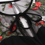 Short Sleeve Contrast Mesh Elegant Women Floral Embroidery Swing Tie Neck Pocket Side Summer Vintage Dress