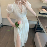 Women Summer Lace Vintage Dresses Chic Short Puff Sleeve Elegant V-Neck Slim Party Midi Spilted Dress