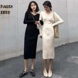 Autumn Winter Women Casual V-Neck Knitted Bodycon Dress Stretched Female Elegant Pencil Dress Sweater Vestidos