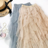 Spring Women Elastic High Waist A-Line Irregular Layered Mesh Elegant Long Skirt Streetwear