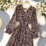 2021 French Spring Summer Women's Floral Chiffon Dress Femme Robe Long Sleeve Fashion Sexy V-Neck Vintage Vestidos Clothing