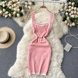 Pearl Button Knit Mini Women Summer Sleeveless Square Neck Tank Dress Contrat Color Trim Sexy Bodycon Dress