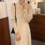 Autumn Women Vintage Elegant Lantern Sleeve A-Line Dress Female Stand Collar Slim Waist Velvet Midi Vestdios