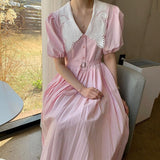 Korean Pink Kawaii Dress Women Fit Chic Designer Sweet Long Elegant Dress Summer 2021 Casual Puff Sleeve Party Pleated Dress