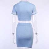 Knitted Two Piece Short Sleeve Turndown Neck Buttons Solid Causal Street Wear Dress Outfits