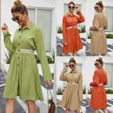 New Women Long-sleeved Casual Mid-length One-piece Button Dress