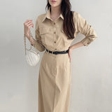 Women Casual Shirt Dress 2021 Autumn Vestidos Long Sleeve Lace-up Single-Breasted Female Split Dress