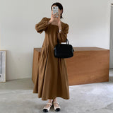 Elegant Square Collar Women Pleated Long Sleeve Dress Female Ankle-Length Dress Vestidos 2021