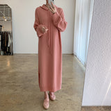 Winter Loose Casual Women Hooded Long Sleeve Midi Dress Side Slit Warm Knitted Sweatshirt Hoodie Dress