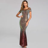 Backless Long Sequin Cocktail Dress Elegant Gold Evening Party Dress Sexy Mermaid Short Sleeve Prom Dress Beauty Robe De Soiree