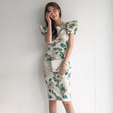 Women Sexy  Puff Sleeve Office lady Vestidos Summer  Elegant Slim Waist Female print Dresses