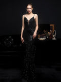 Sexy Backless V Neck Cocktail Dress Sleeveless Suspender Party Dress Floor Length Sequins Mermaid Robes Women Vestidoes New