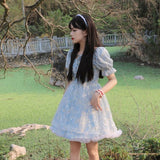 2021 Print Sweet Kawaii Mini Dress Women Japanese Vintage Cute Blue Lace-up Dress French Princess Sequin Puff Sleeve Fairy Dress