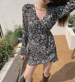 2021 New Women's Summer Autunm Dresses Leopard High Waist V-Neck Irregular Elegant Vintage Mini Dresses