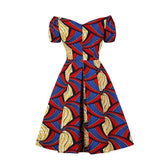 Multicolor Print Off Shoulder Elegant Party Night 95% Cotton Women Short Sleeve Pleated Chic Vintage Dress