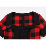 Black Red Plaid Short Sleeve Elegant Robe Pin Up Swing Retro Vintage Dress