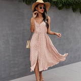 Summer Dot Print High Waist Sexy V-Neck Backless Women Split Hem A-line Beach Dress