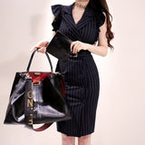 Women Summer Office Lady Belted Striped Dress Ruffle Sleeve Notched Collar Slim Sexy Korean Fashion Style Vestidos Dress