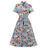 1950s Floral Print Short Sleeve Bow Tie Neck Midi Retro Vintage Pleated Dress